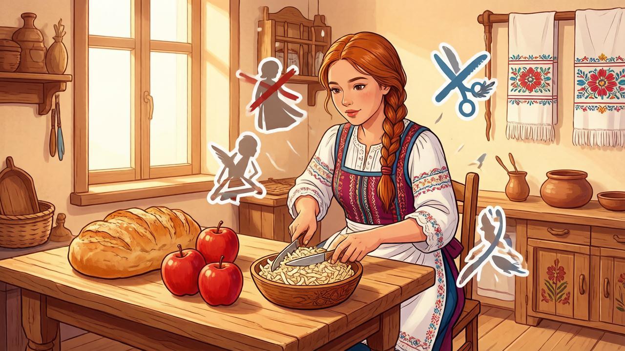 Хозяйка квасит капусту в избе с символическими запретами — иллюстрация к традициям Фаддея Проповедника